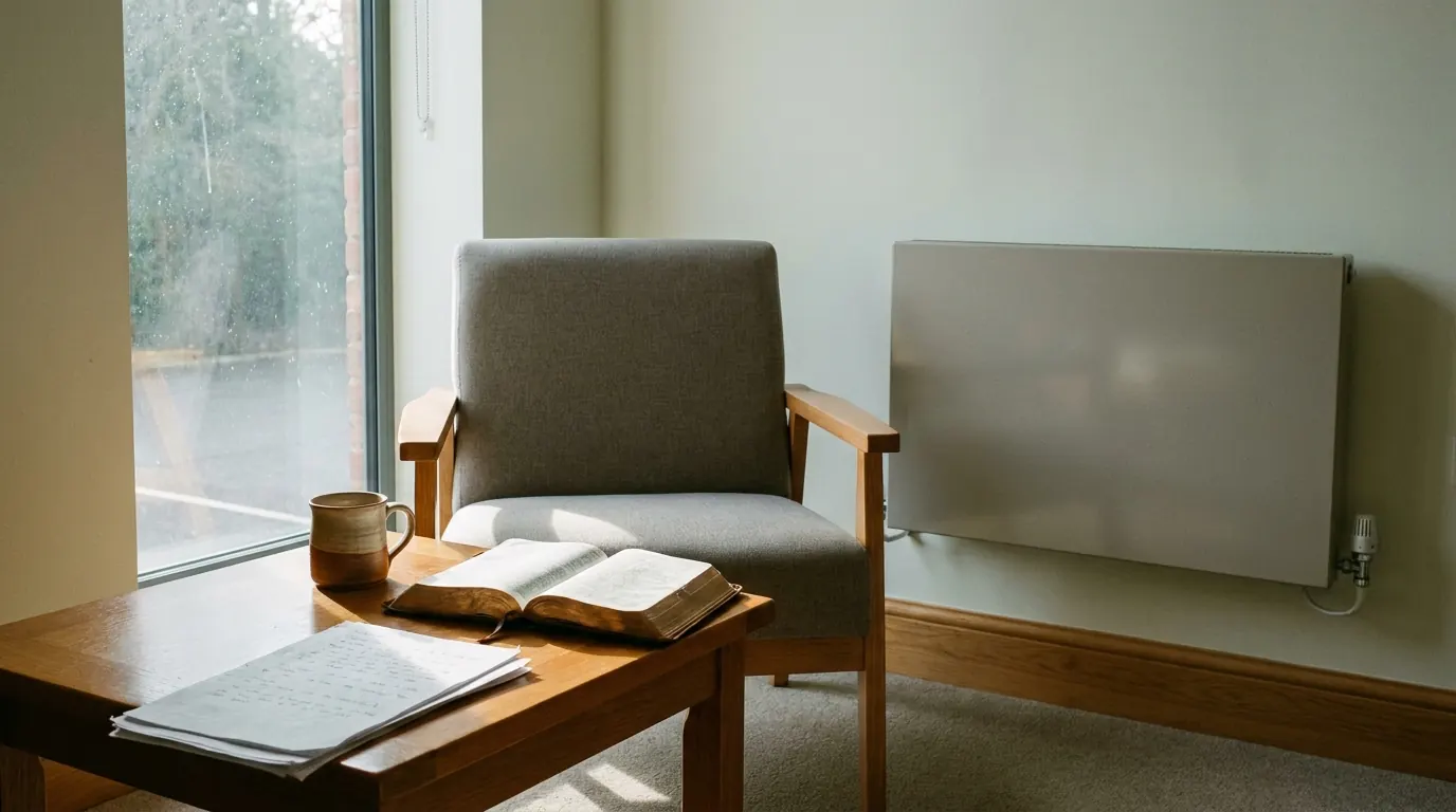 A wooden chair beside a small table with books and an olive plant, in warm window light